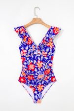 Blue Floral Ruffle Trim V Neck Backless One Piece Swimsuit - Image 4