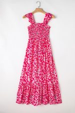 Pink Leopard Ruffle Straps Smocked High Waist Maxi Dress - Image 4