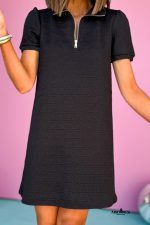 Black Textured Zipped Collar Shift Polo T Shirt Dress - Image 6