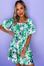 Green Floral Print Shirred Square Neck Loose Fit Mini Dress - Image 4