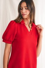 Fiery Red V Neck Puff Sleeve Textured Mini Dress - Image 12