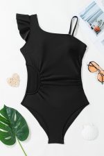 Black Asymmetric Ruffle Shoulder Ruched One Piece Swimsuit - Image 6