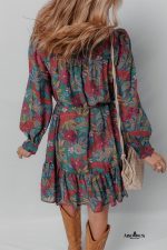 Green Floral Frill V Neck Puff Sleeve Ruffle Mini Dress - Image 7