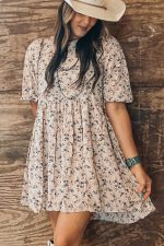 Beige Floral Puff Short Sleeve Empire Waist Mini Dress - Image 5