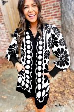 Black Abstract Print V Neck Puff Sleeve Mini Dress - Image 2