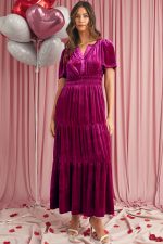 Red Dahlia Velvet Short Sleeve Shirred Waist Tiered Maxi Dress
