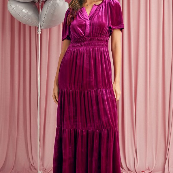 Red Dahlia Velvet Short Sleeve Shirred Waist Tiered Maxi Dress