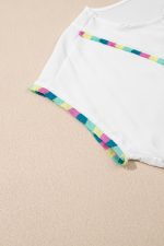 White Colorful Fringed Detail Tassel Tie Neck Short Sleeve Cover Up - Image 11