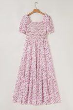 Pink Frill Neckline Shirred Bodice Floral Maxi Dress - Image 3