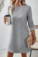 Gray Solid Color Textured Long Sleeve Shift Short Dress - Image 4