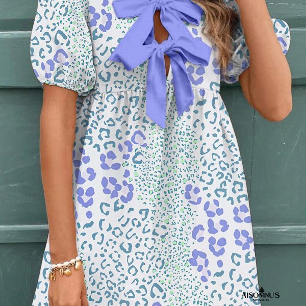 Sky Blue Leopard Bow Front Puff Sleeve Mini Dress