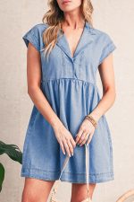 Beau Blue Lapel Neck Cap Sleeve High Waist Denim Babydoll Dress