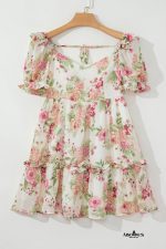 White Floral Print Sweetheart Neck Bubble Sleeve Ruffle Mini Dress - Image 8