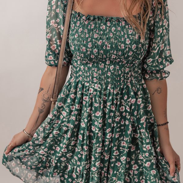 Green Floral Shirred Square Neck Puff Sleeve Dress