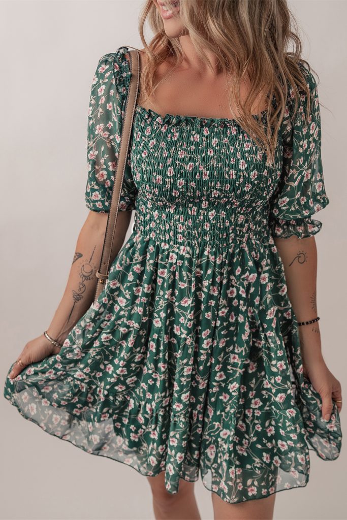 Green Floral Shirred Square Neck Puff Sleeve Dress