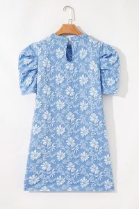 Sky Blue Floal Jacquard Elegant Mini Dress - Image 7