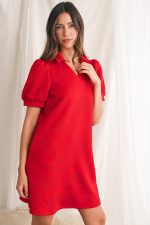 Fiery Red V Neck Puff Sleeve Textured Mini Dress - Image 10