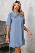 Beau Blue Frill Trim Peter Pan Collar Denim Babydoll Dress - Image 8