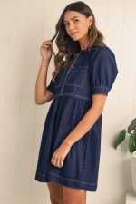 Dirty Blue Puff Sleeve Half Zipper Denim Flowy Dress - Image 3