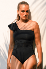 Black Asymmetric Ruffle Shoulder Ruched One Piece Swimsuit - Image 3