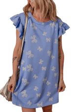 Sky Blue Bow Print Ruffle Sleeve Mini Dress - Image 15