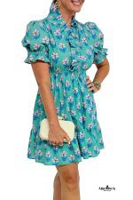 Green Floral Print Frilly Smocked High Waist Mini Dress - Image 5