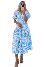 Sky Blue Floral Print Deep V Neck Puff Sleeve Flowy Dress - Image 12