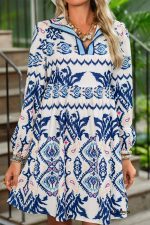 Blue Ethnic Print Pop of Color Neckline Long Sleeve Dress - Image 8
