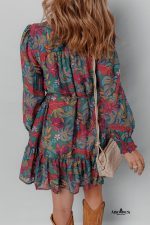Green Floral Frill V Neck Puff Sleeve Ruffle Mini Dress - Image 2
