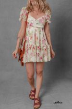 White Floral Print Sweetheart Neck Bubble Sleeve Ruffle Mini Dress - Image 5