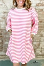 Sachet Pink Striped Contrast Trim Long Sleeve Mini Dress