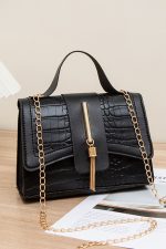 Black Textured Leather Buckle Chain Shoulder Bag