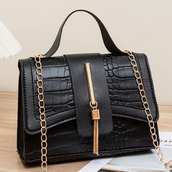 Black Textured Leather Buckle Chain Shoulder Bag