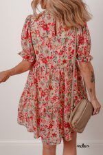Multicolour Floral Print Frilled Neck Puff Sleeve High Waist Dress - Image 2