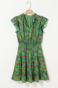 Green Floral Tie Neck Ruffle Sleeve Tiered Mini Dress - Image 3