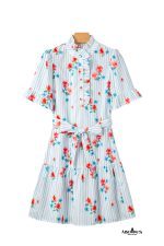 Sky Blue Striped Floral Print Ruffle Belted Mini Dress - Image 15