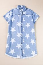 Sky Blue Star Print Frayed Hem Buttoned Denim Mini Dress - Image 5