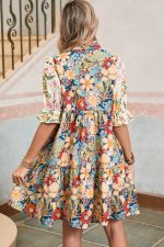 Multicolor Allover Floral Print Tiered Pop of Color Neckline Dress - Image 2