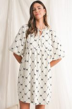 White Sweet Bow Print Lantern Sleeve Mini Dress - Image 4