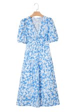 Sky Blue Floral Print Deep V Neck Puff Sleeve Flowy Dress - Image 11