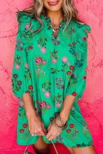 Green Floral Print Ruffle Three Quarter Sleeve Buttoned Mini Dress