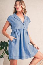 Beau Blue Lapel Neck Cap Sleeve High Waist Denim Babydoll Dress - Image 6