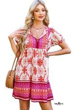 Rose Boho Floral Short Sleeve Tie V Neck Mini Dress - Image 9