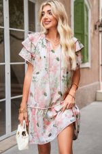 Pink Floral Contrast Edge Ruffle Sleeve Tie Neck Mini Dress - Image 4