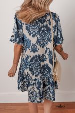 Blue Boho Floral Print Buttoned Collared Loose Fit Mini Dress - Image 2