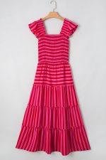 Rose Stripe Ruffle Strap Shirred Bodice Tiered Maxi Dress - Image 4