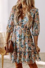 Sky Blue Floral 3/4 Sleeve V Neck High Waist Ruffled Dress - Image 3