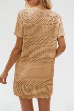 Tan Hollow Out Crochet Short Sleeve Swimsuit Cover Up - Image 2
