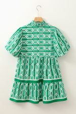 Bright Green Abstract Print Puff Sleeve Pop of Color Neckline Dress - Image 11