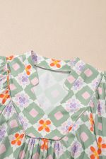 Green Geometric Floral Print 3/4 Sleeve Notched Neck Mini Dress - Image 5